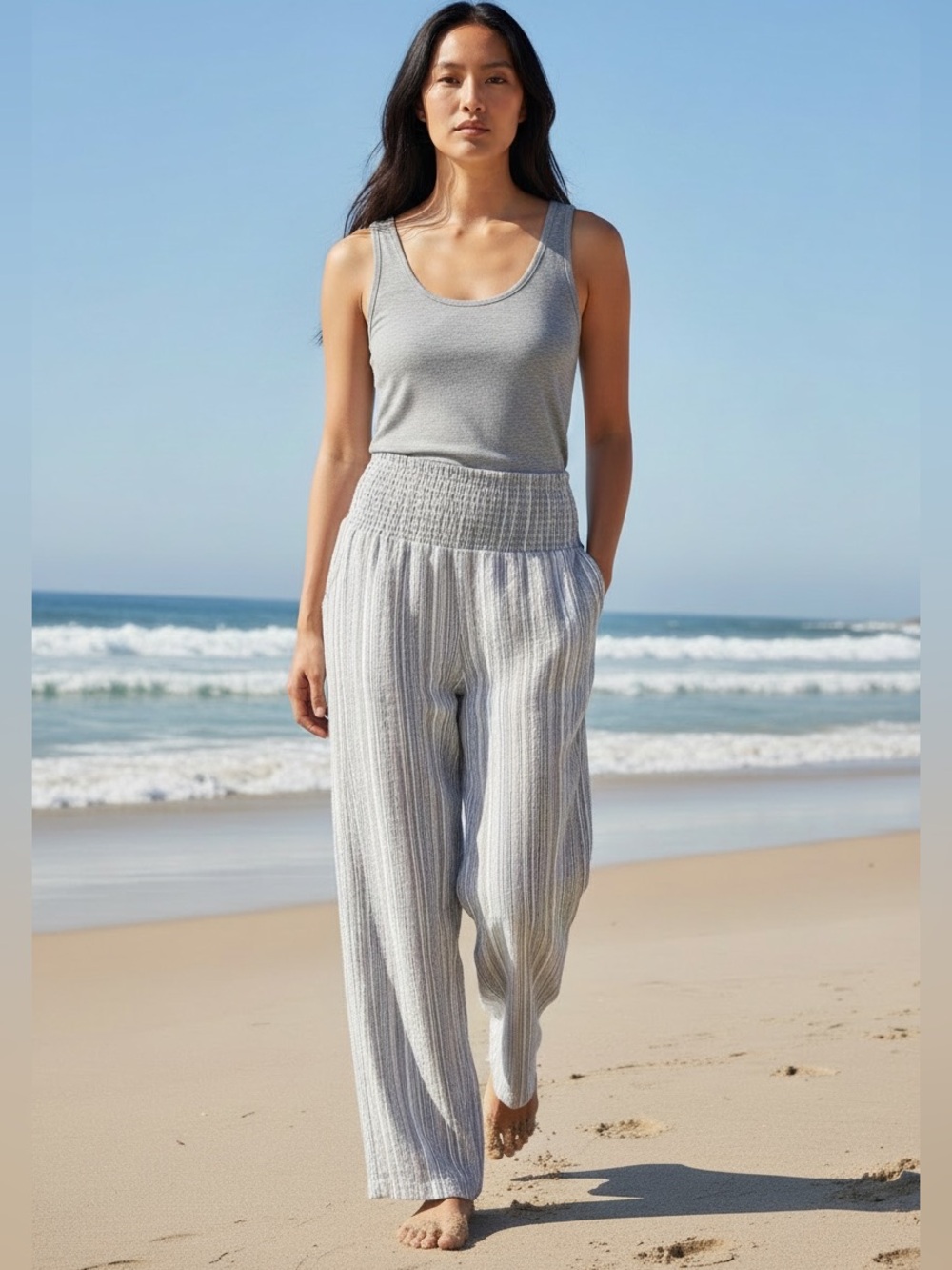 🌺Hawaii brand Mahina Striped Wide Leg Beach Pants Gray White Medium🌺